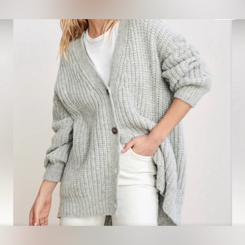 Jenni Kayne Light Gray Chunky Knit Button Cardigan Alpaca